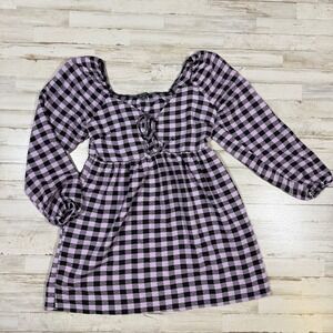 Wild Fable Black Lavender Gingham Square‎ Neck  Babydoll Dress Juniors Sz Medium